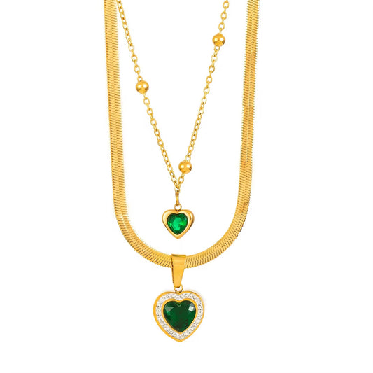 Emerald love hearts double chain