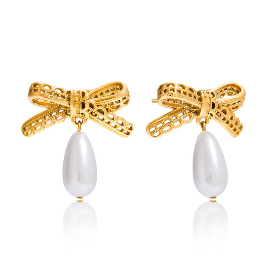 Pearl promise bow earrings